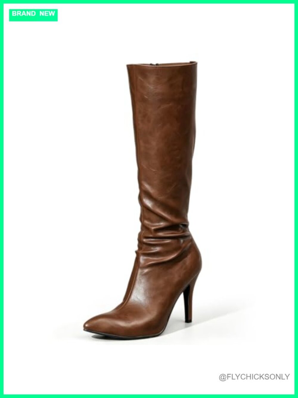 Women Knee High Boots Pointed Toe Stiletto Faux Leather Slouch Tall